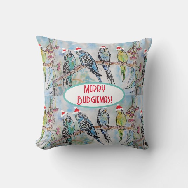 Santa Budgie Kerst Waterverf Schilderij Vogel Kussen (Voorkant)