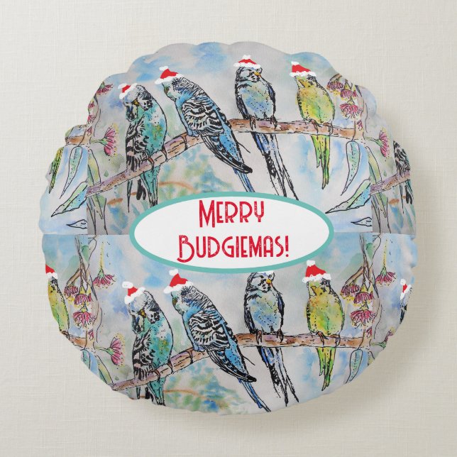 Santa Budgie Kerst Waterverf Schilderij Vogel Rond Kussen (Voorkant)