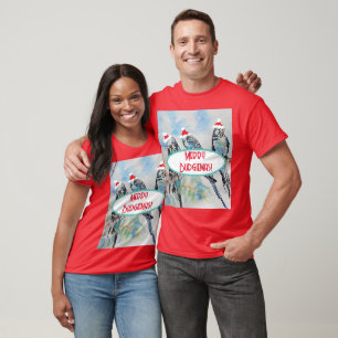Santa Budgie Kerst Waterverf Schilderij Vogel T-shirt