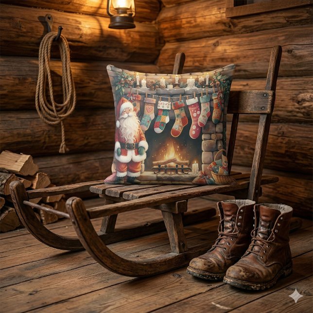 Santa by Fireplace Christmas Stockings Kussen (Santa by Fireplace Christmas Stockings Throw Pillow Mockup C)