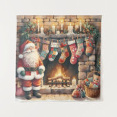 Santa by Fireplace Christmas Stockings Wandkleed (Voorkant)