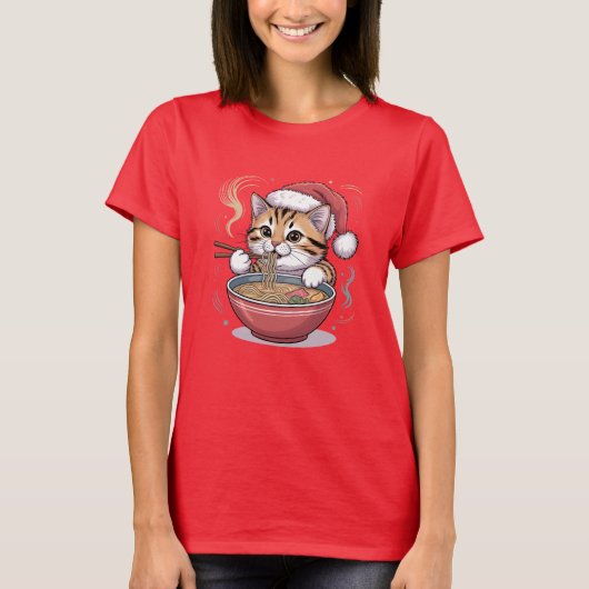 Santa Cat Eating Ramen Cute Christmas Kitty T-shirt (Voorkant)