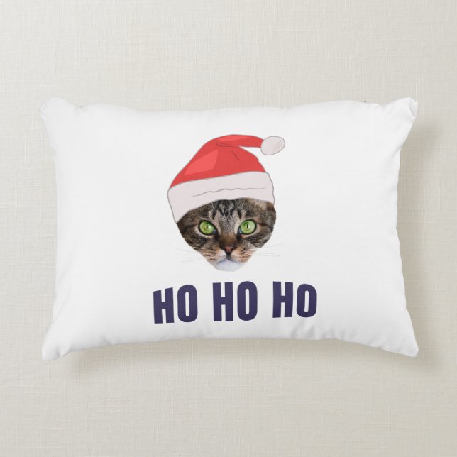 Santa Cat met kersthoed, Ho Ho Hoho Invitation Squ Accent Kussen (Voorkant)