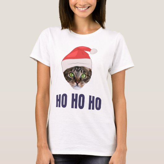 Santa Cat met kersthoed, Ho Ho Hoho Invitation Squ T-shirt (Voorkant)
