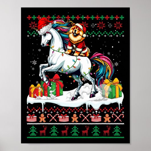 Santa Chow Riding Unicorn Kersttrui L Poster (Voorkant)