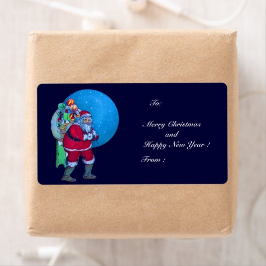 SANTA, CHRISTMAS SACK, TOYS IN STARRY SKY ETIKET (Insitu)