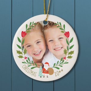 Santa Christmas Wreath Foto Keramisch Ornament