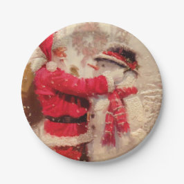 Santa claus and snowman in snowfall papieren bordje