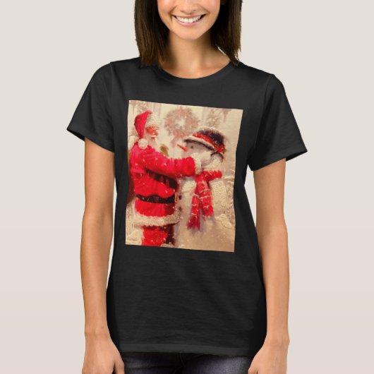 Santa Claus And Snowman In Snowfall  T-shirt (Voorkant)