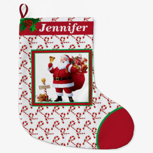 Santa Claus Candy Cane Name Red en Green Grote Kerstsok