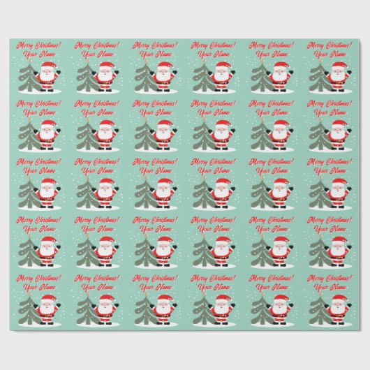 Santa Claus cartoon with Christmas tree teal Cadeaupapier (Vlak)