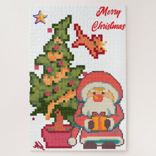 Santa Claus, cat stealing star, Pixel Art Legpuzzel