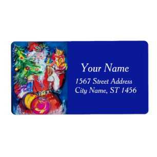 SANTA CLAUS, CHRISTMAS TREE EN GIFTS Red Blue Etiket