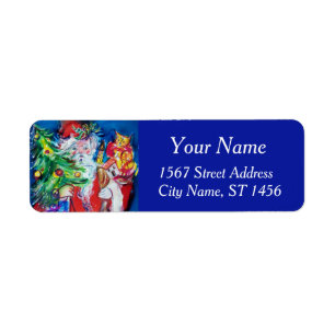 SANTA CLAUS, CHRISTMAS TREE EN GIFTS Red Blue Etiket