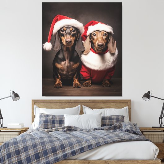Santa Claus Dachshund Twins Canvas Afdruk (Insitu (Slaapkamer))