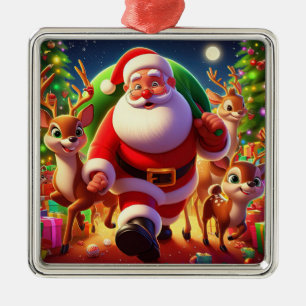 Santa Claus en 2 rendierillustratie Metalen Ornament