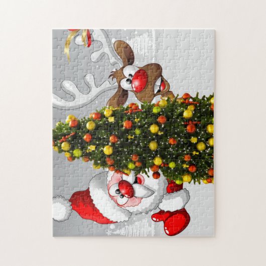 Santa claus en rendier achter een kerstboom.j legpuzzel (Verticaal)
