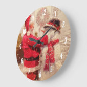 Santa claus en sneeuwpop in sneeuwval grote klok (Hoek)