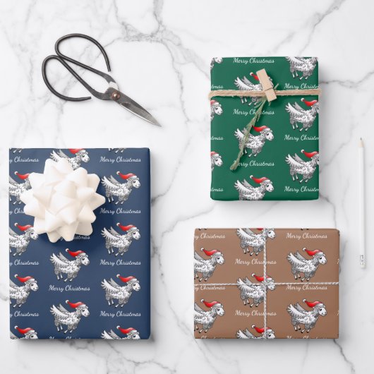 Santa Claus Flying Christmas Sheep Inpakpapier Vel (Voorkant)