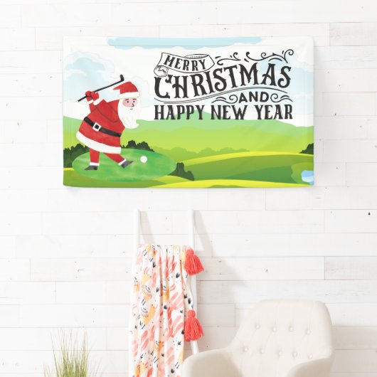 Santa Claus golft op kerstfeestdag Spandoek (Insitu)