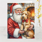 Santa Claus Holding Airedale Christmas Art Kaart (Gele Bloem)