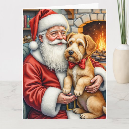 Santa Claus Holding Airedale Christmas Art Kaart (Voorkant)