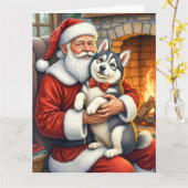 Santa Claus Holding Alaskan Malamute Christmas Art Kaart (Gele Bloem)