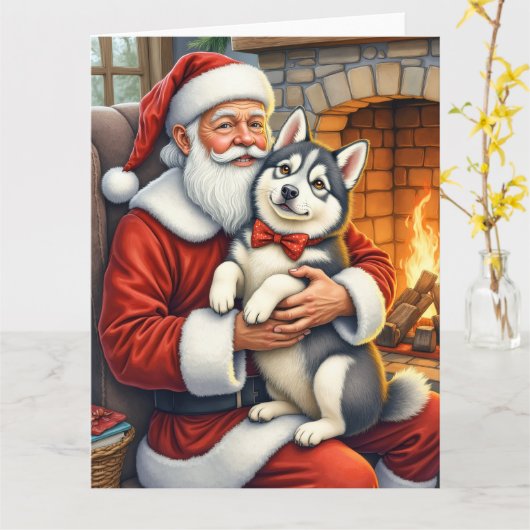 Santa Claus Holding Alaskan Malamute Christmas Art Kaart (Gele Bloem)