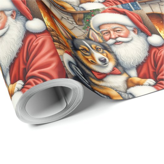 Santa Claus Holding Australian Shepherd Christmas Cadeaupapier (Rol Hoek)