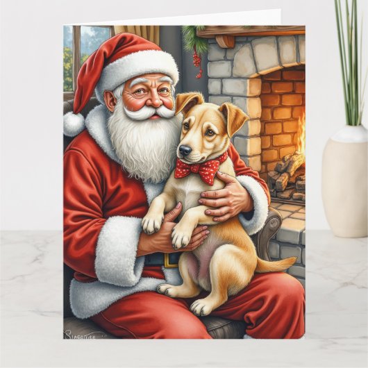 Santa Claus Holding Bouvier des Flandres Christmas Kaart (Voorkant)