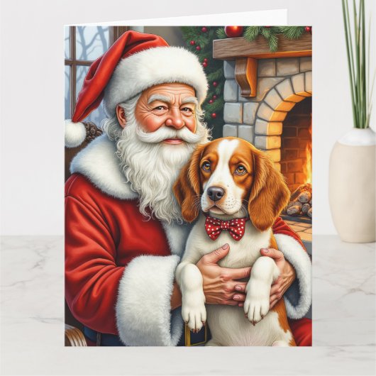 Santa Claus Holding Brittany Spaniel Christmas Art Kaart (Voorkant)