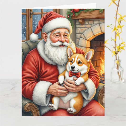 Santa Claus Holding Corgi Christmas Art Kaart (Gele Bloem)