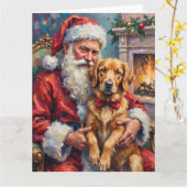 Santa Claus Holding Golden Retriever Christmas Art Kaart (Gele Bloem)