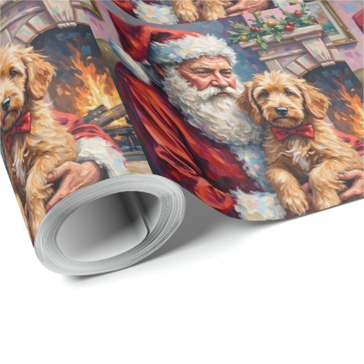 Santa Claus Holding Goldendoodle Christmas Art Cadeaupapier (Rol Hoek)
