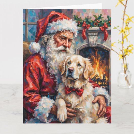 Santa Claus Holding Great Pyrenees Christmas Art Kaart (Gele Bloem)