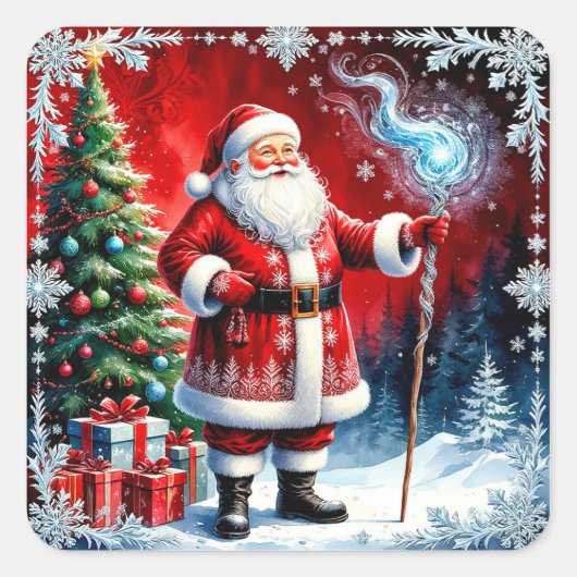 Santa Claus Holding Magic Staff Vierkante Sticker (Voorkant)