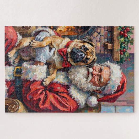 Santa Claus Holding Pug Christmas Art Legpuzzel (Horizontaal)