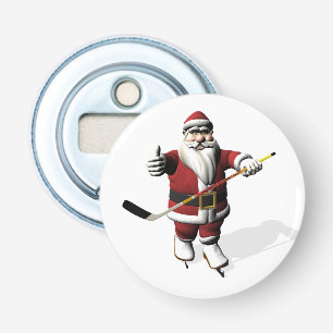 Santa Claus Ice Hockey Player Button Flesopener