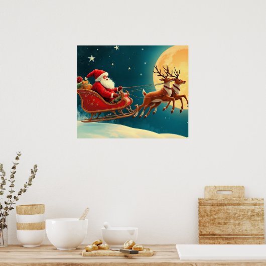 Santa Claus in sleigh with reindeer Poster (Keuken)