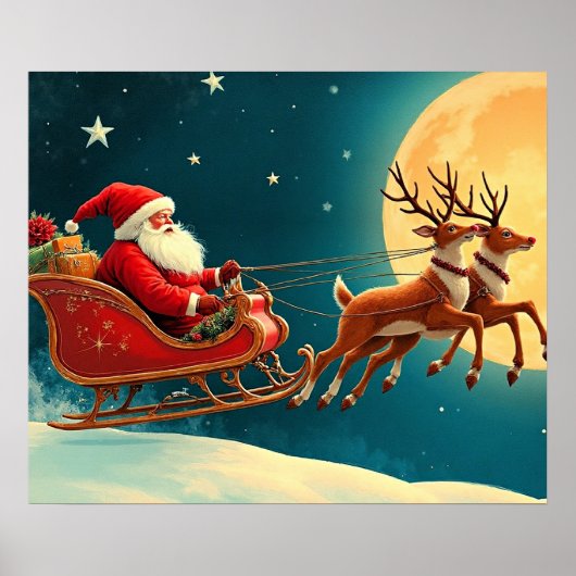 Santa Claus in sleigh with reindeer Poster (Voorkant)