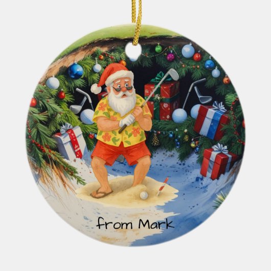 Santa Claus is golfing on golf course at Baunker Keramisch Ornament (Voorkant)