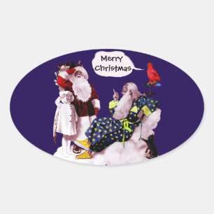 SANTA CLAUS, KLEINE ANGEL EN MERLIN kerstfeest Ovale Sticker