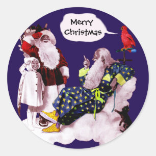 SANTA CLAUS, KLEINE ANGEL EN MERLIN kerstfeest Ronde Sticker
