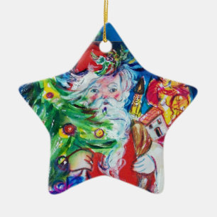 SANTA CLAUS MET CHRISTMAS TREE EN GIFTS Red Ruby Keramisch Ornament