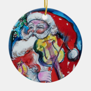 SANTA CLAUS MET VIOLIN, MUSISCHE CHRISTMAS Red Rub Keramisch Ornament