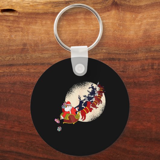 Santa Claus On Christmas Sleigh Pulled By Reindeer Sleutelhanger (Voorkant)