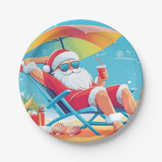 Santa Claus Ontspannen op een tropisch strand Zonn Papieren Bordje (Voorkant)