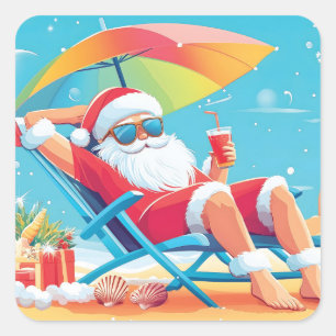 Santa Claus Ontspannen op een tropisch strand Zonn Vierkante Sticker