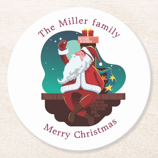 santa claus op het dak vrolijk kerstmonogram ronde kartonnen onderzetter (Voorkant)