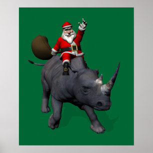 Santa Claus op Rhino Rhinoceros Poster